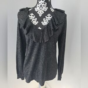 LAUREN Ralph Lauren Women's Sz L Pullover Metallic Black/Gold Ruffle Sparkle Top